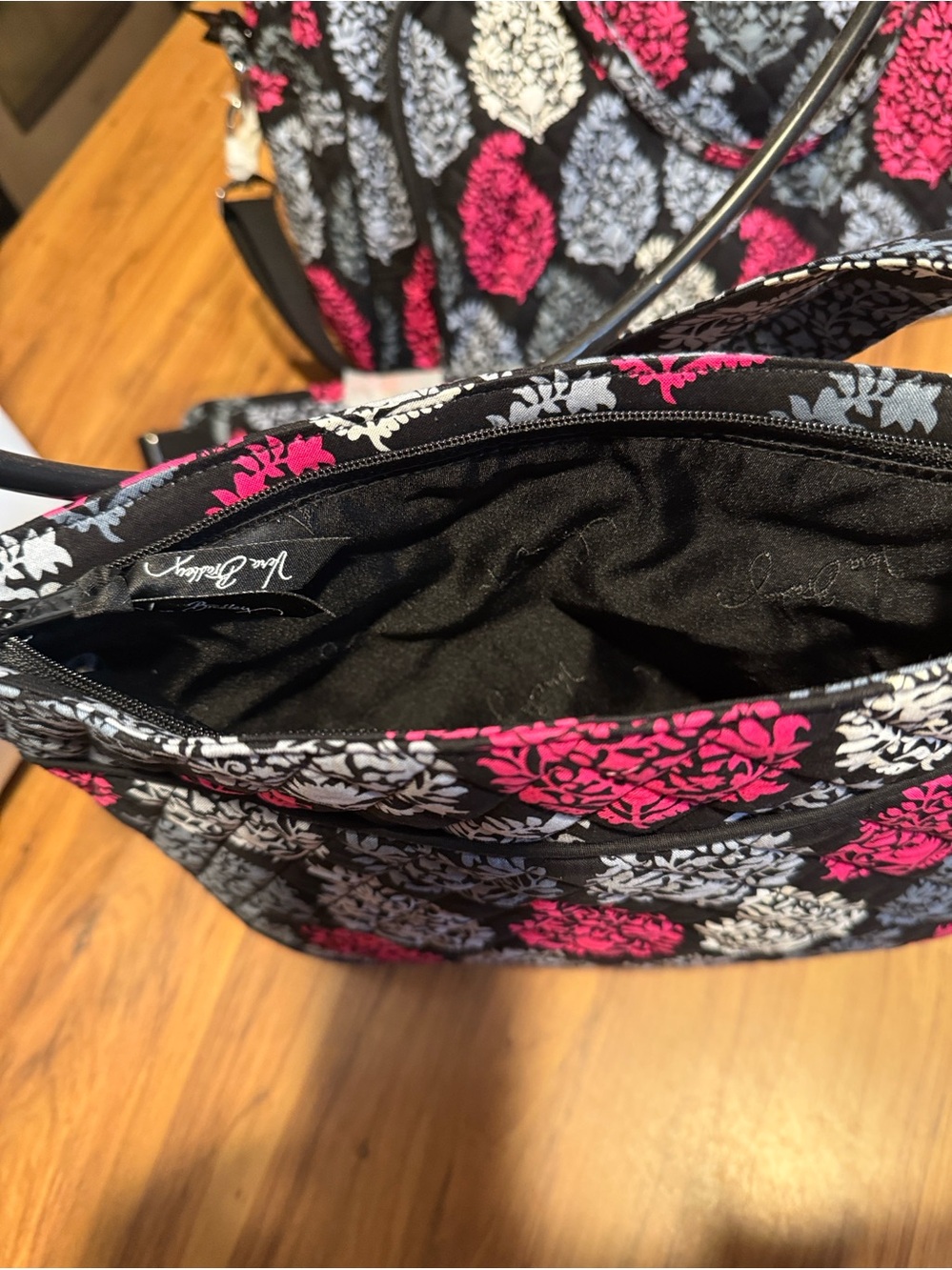 VERA BRADLEY Black Quilted Travel Bag with Pink & Gray Floral Medallions - Picture 6 of 6